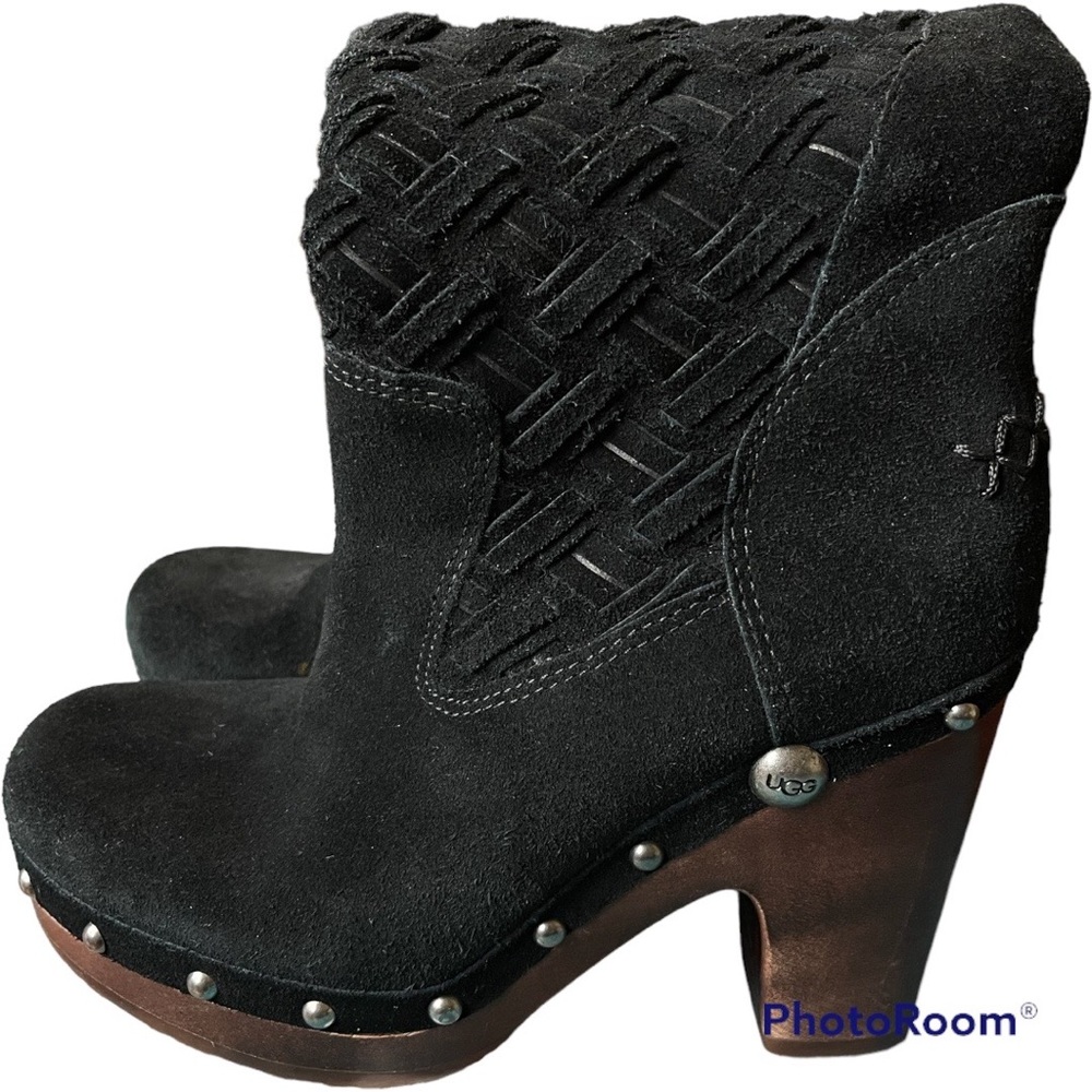 UGG Weave Suede Knee High Platform Boots Sheepskin leather Black size 6 EUC